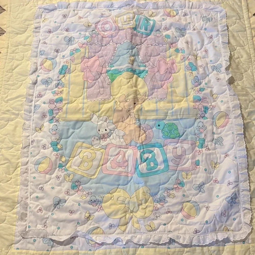Vtg Precious Moments Our Baby Quilt Sawtooth Yellow Pastel Cottagecore 61x47